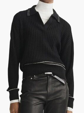rag & bone Monte Ribbed Polo V-Neck Sweater with White Contrast Stitch Sz XS